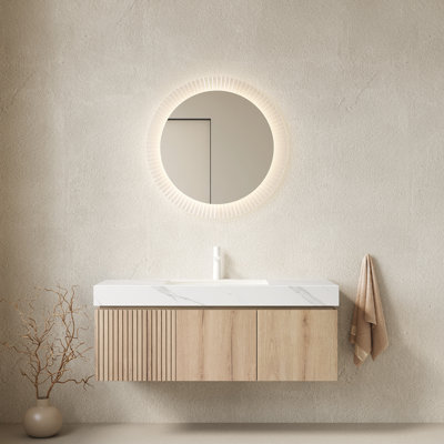Meuble-lavabo de salle de bain de 122 cm (48 po) avec comptoir en pierre frittée blanche, lavabo en céramique, caisson en contreplaqué flottant avec tiroir et portes, préassemblé, construction de haute qualité et fixation sécurisée.