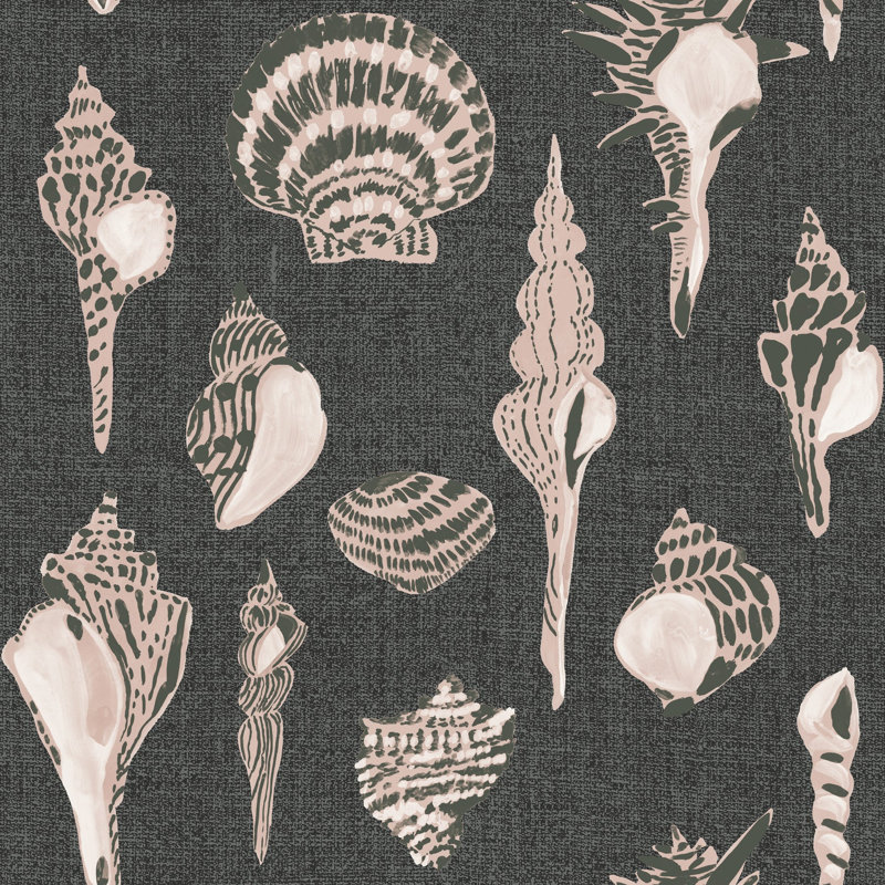 Sullivan’s Island Shells Serene Sky Wallpaper by Megan Molten, Black/Pink, Faux Grasscloth