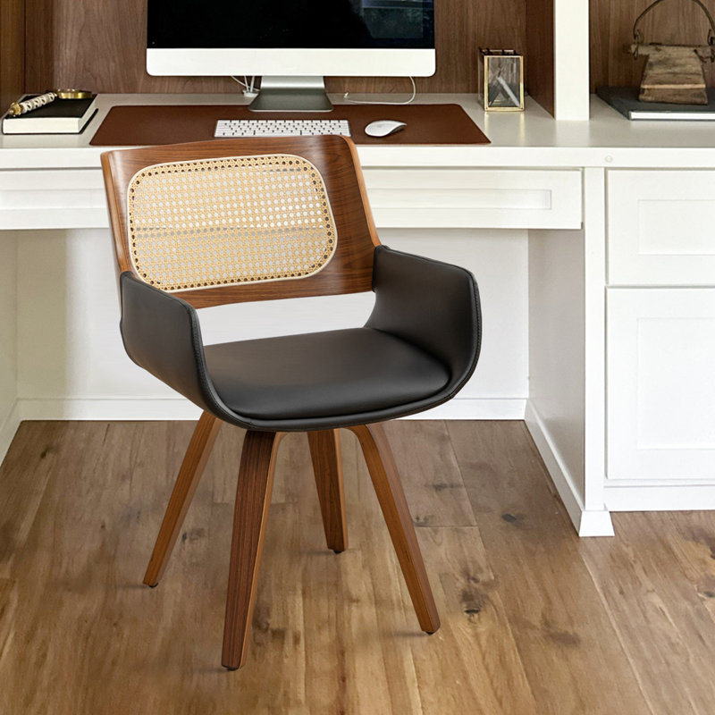 Faux Leather and Rattan Back Swivel Office Chair, Black