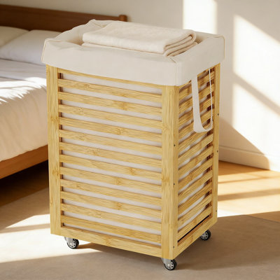 Rolling Laundry Hamper With Removable Bag And Locking Wheels, Bamboo Clothes Basket With Handles For Easy Transport In Bedroom, Bathroom, Or Laundry Room