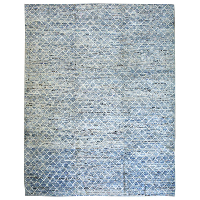 Tapis gris / blanc en laine noué à la main de conception unique 8 pi 2 po x 12 pi 5 po New Age