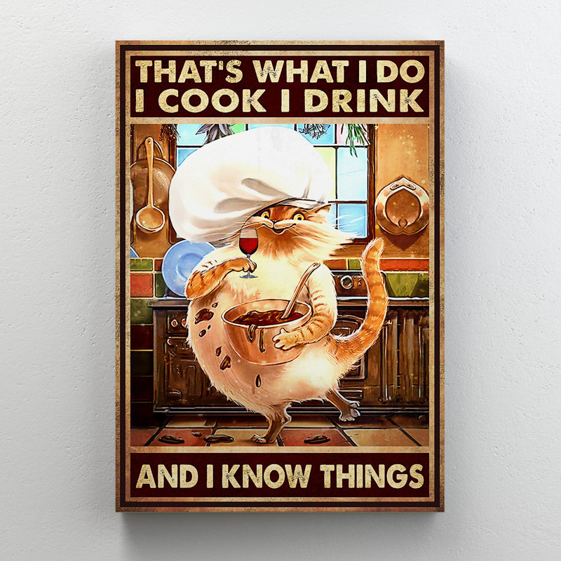 Chat - I Cook I Drink And I Know Things, toile tendue avec châssis - Illustration de cuisson d'un animal de compagnie, brun et blanc, décor de cuisine bleu