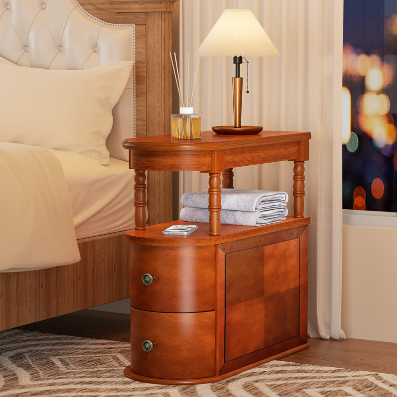 Table de bout en bois massif, table d'appoint étroite avec 2 tiroirs et tablette, dossier fini, table d'appoint en bois rétro pour la chambre du salon