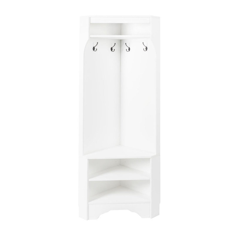 Ensemble de vestibule d'angle moderne - portemanteau blanc avec banc à chaussures, portemanteau à 4 crochets et tablette de rangement réglable