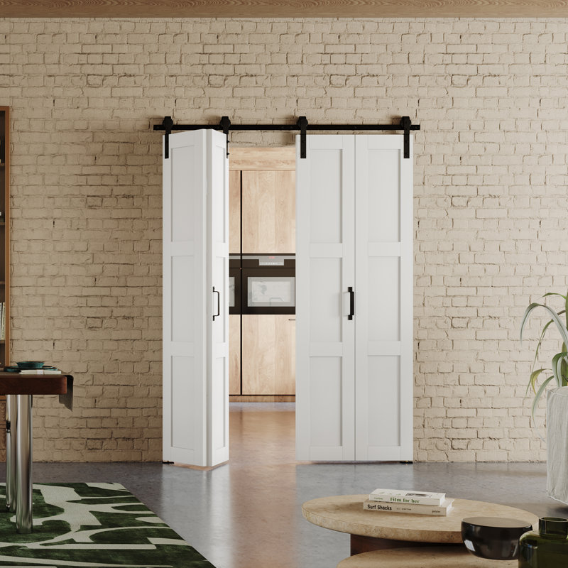 Porte de grange pliante en panneau de fibres à densité moyenne - 3 portes de grange en bois manufacturé avec quincaillerie, 2 portes