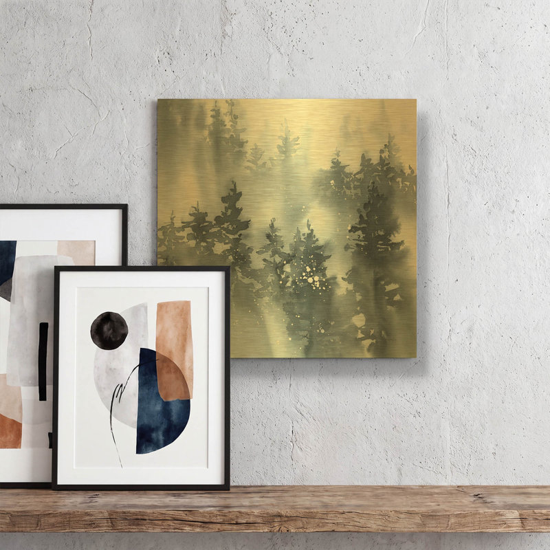 «Misty Forest I» par Katrina Pete, art mural en métal doré, 12 po x 12 po, 12 po x 12 po