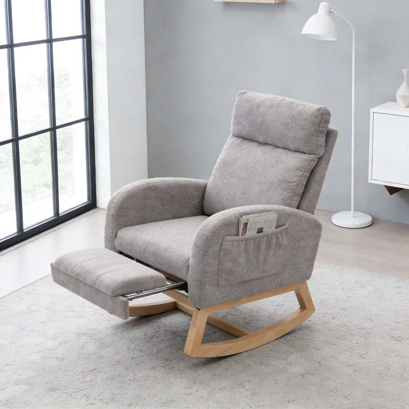 Chaise berçante en tissu Teddy, Gris pâle + repose-pieds