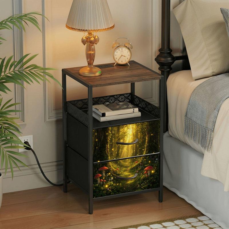 Table de chevet 2 tiroirs avec station de charge, table de chevet pour chambre à coucher avec ports USB, tablette ouverte noire, table de chevet avec impression de champignon rouge Sunlight Forest Path