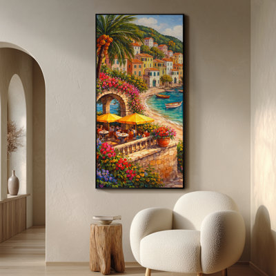 Extra Large Wall Art Fabric Print - Mediterranean Coastal Village with Palm Tree and Boats for Dining Room - "Frame Assembly Required (Unfinished Frame)"
