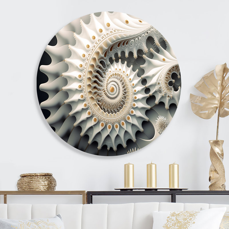 «White Fractal Universe III», art mural rond géométrique abstrait sur métal, L 16 po x H 16 po