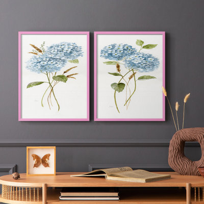 Petite hortensia bleue I - impression encadrée de qualité supérieure - prête à être accrochée - aucun clou requis - aucun clou requis