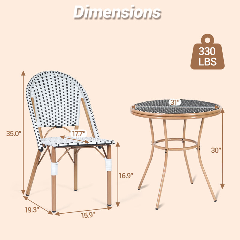 3 Piece French Bistro Table Chair Set, Outdoor Wicker Round Table and 2 Dining Chairs with Metal Frame, Outdoor Patio Set for Garden Balcony Porch, Black/White