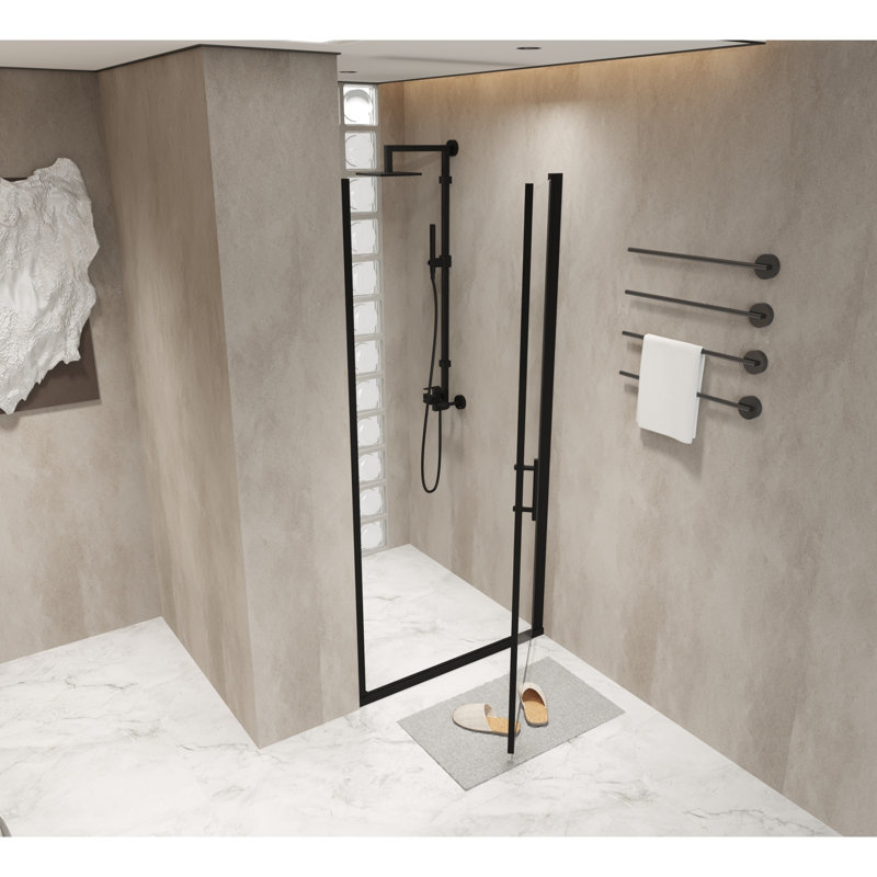 Porte de douche à pivot de luxe l 34 po x H 72 po - Demi-cadre noir mat, verre trempé de 6 mm et joint résistant à l'eau