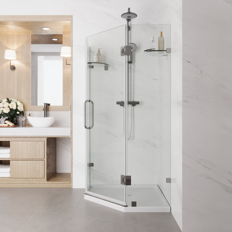 34'' W X 34'' D X 73'' H Frameless Neo-Angle Reversible Shower Enclosure with Built-in Glass Shelves
