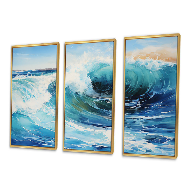 Beach Sunrise Tranquil Horizons IV - Ensemble de salon art mural océan, Cadre flottant doré, H 40 po x l 60 po x P 1 po
