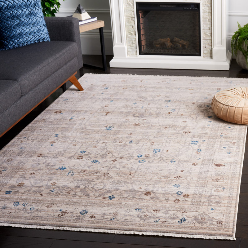 Tapis oriental tissé à plat à la machine en ivoire / gris clair, Rectangle 5 pi x 7 pi 6 po