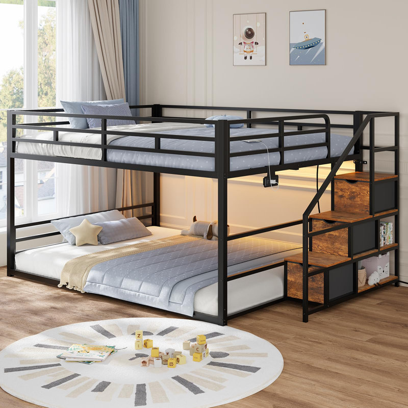 Twin Over Twin Low Bunk Bed With Storage Staircase, Drawers And Shelves, Led Lights, Power Outlet, Full-length Guardrail, For Small Space