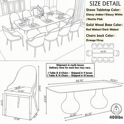 Modern 8/10/12 People Dining Room Set, Pre-Assembly Large Rectangular Dining Table, Sintered Stone Tabletop & Trestle Pedestal, Upholstered PU Leather Chairs