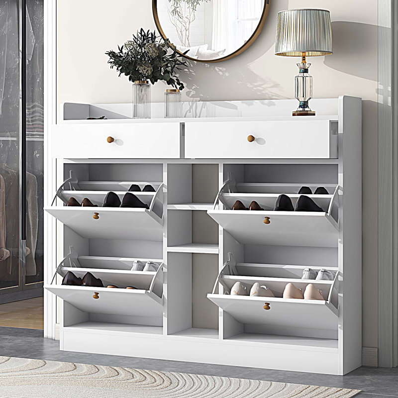 Rangement à chaussures moderne avec 4 tiroirs rabattables, range-chaussures à 2 niveaux avec tiroirs, range-chaussures, Blanc