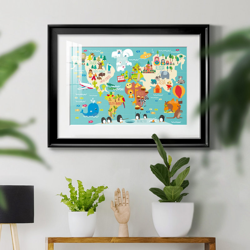Carte du monde des enfants - impression encadrée, H 18,5 po x l 24,5 po x P 1,5 po, Cadre noir