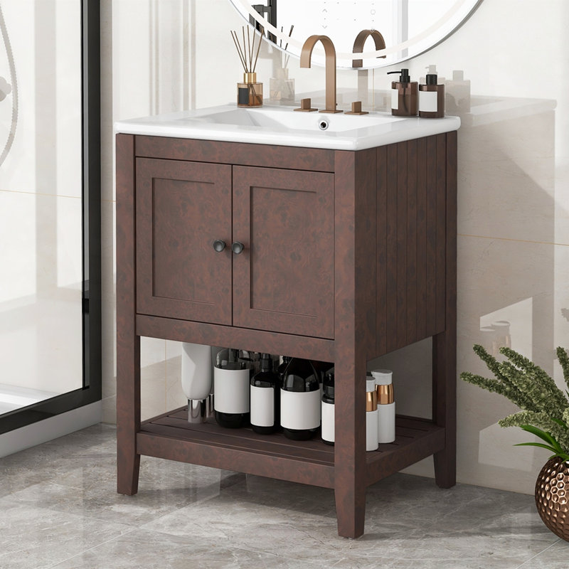 Meuble-lavabo en bois massif, Brun