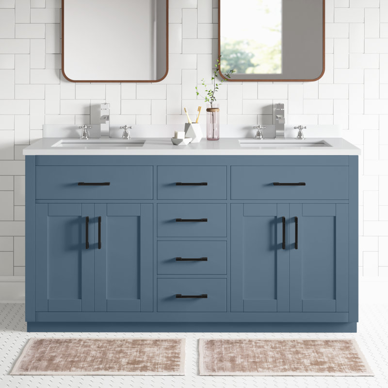 Meuble-lavabo autoportant à double cuve 60 po avec comptoir en pierre blanche et dosseret Bailey, noir mat, Bleu lagune