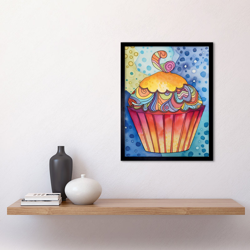 Cupcake With Colourful Frosting Folk Art Watercolour Painting Art Print Framed Poster Wall Decor 12x16 inch