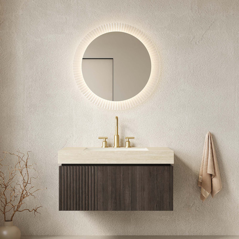 Meuble-lavabo flottant avec comptoir en pierre frittée et rangement à fermeture en douceur, Espresso