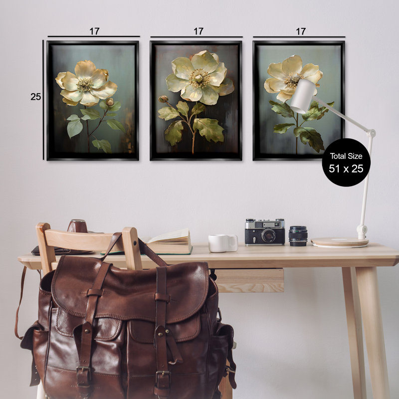  «Détaillé Magnolia Flowers», ensemble de 3 toiles flottantes encadrées par Petal Prints Design, H 25 po x l 17 po
