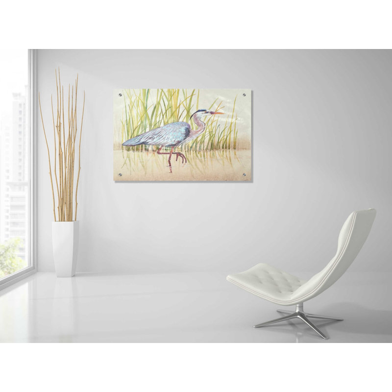 «Heron & Reeds I» par Tim O'Toole, art mural en verre acrylique, H 24 po x l 36 po x P 0,2 po