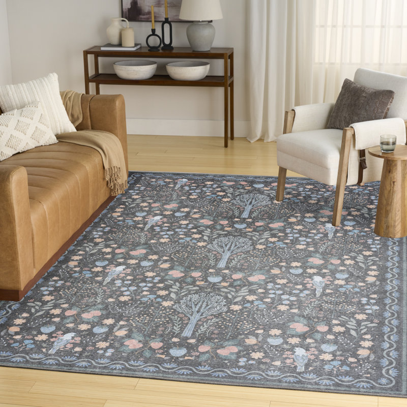 Nourison Botanical Washables 5' x 7' Charcoal Multicolor Modern Indoor Rug, Multicolor Charcoal, Rectangle 5' x 7'