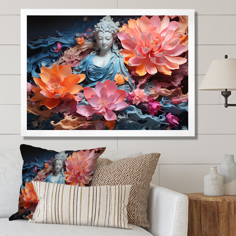 Statue de bouddhisme en fleurs sur toile, H 12 po x l 20 po x P 1 po, Cadre simple blanc