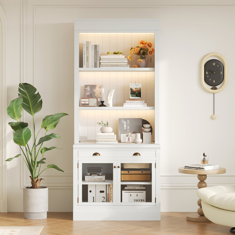 Bibliothèque blanche moderne rectangulaire avec lumières à DEL, 2 portes en verre, 1 tiroir et une tablette réglable pour la maison décorant un éclairage de 83,4 po de hauteur, 3 tablettes ouvertes, design