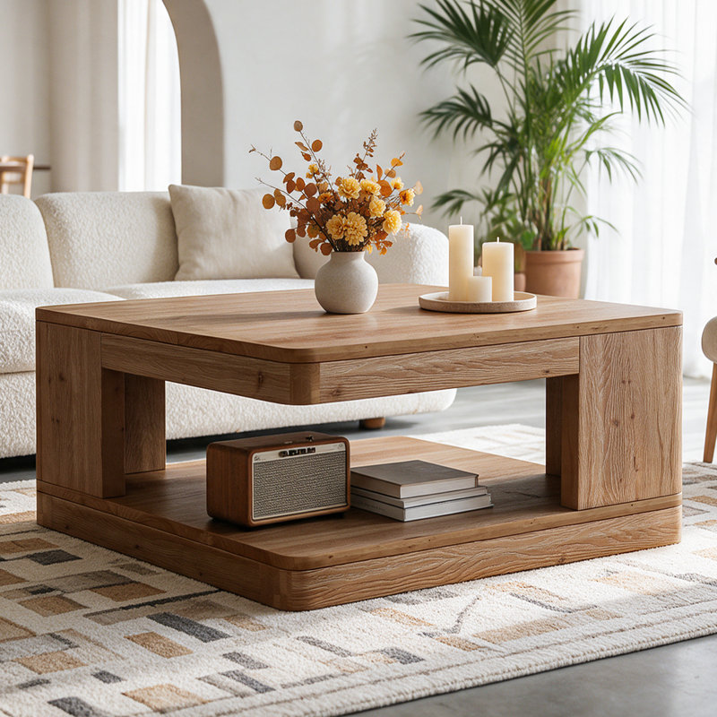 Table basse carrée en bois massif de 80 cm (31,5 po), table de cocktail à deux niveaux avec rangement ouvert et coins arrondis, table d'appoint rustique en bois naturel pour salon