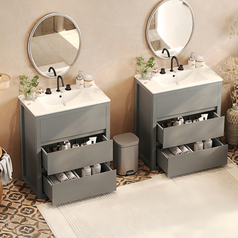 Ensemble de meuble-lavabo double avec deux lavabos séparés en céramique, Gris