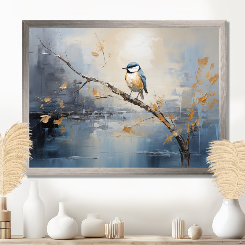 Art mural doré et bleu au printemps I - oiseau sur un arbre, Cadre d'angle fermé noir, H 34 po x l 44 po x P 1,5 po