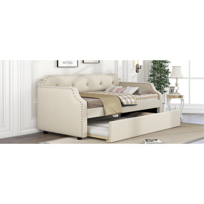 Lit de jour simple rembourré avec couchette, revêtement en lin beige, pour chambre d'amis