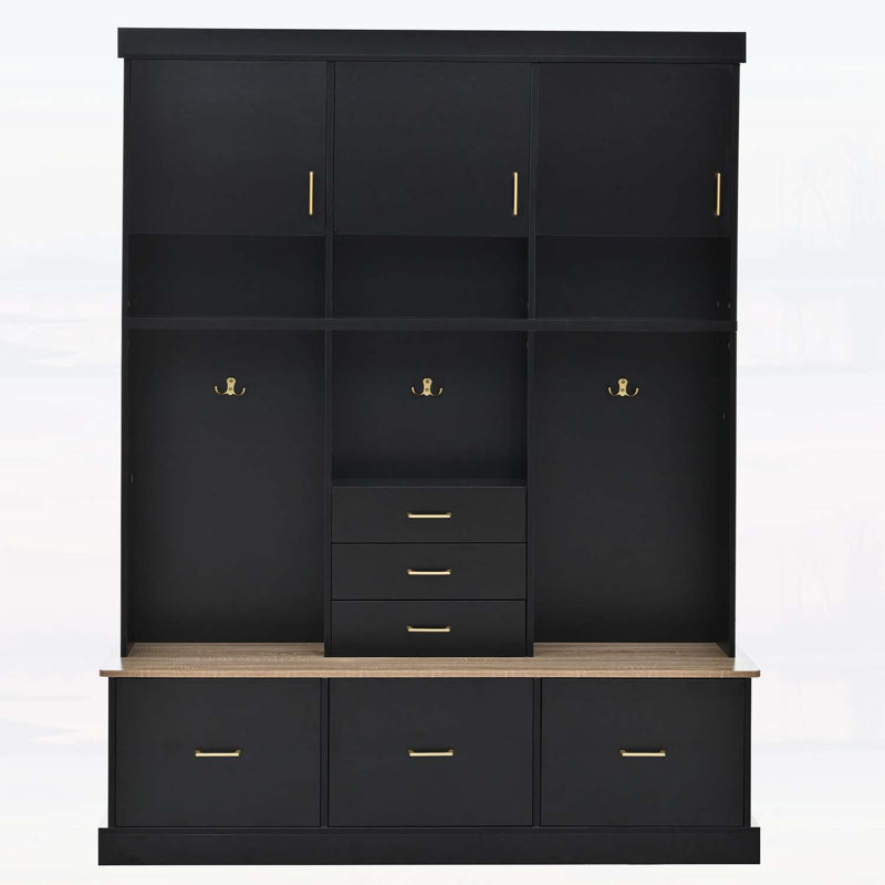 Modern Hall Tree with Coat Rack,6 Drawers,3 Cabinets,and Bench, Black/Natural