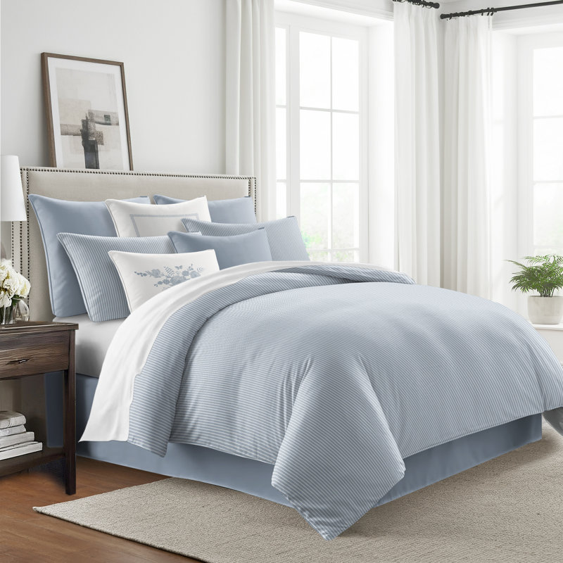 Ruben Stripe Reversible Cotton Duvet Cover Set, Cal.King Duvet Cover + 2 King Shams, Cornflower