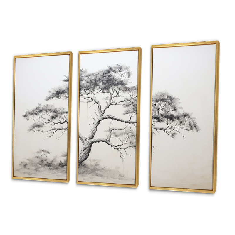 Minimalisme - Arbre de pin blanc Dream III - Ensemble de décoration murale pin, Cadre flottant doré