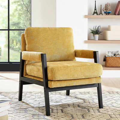 Chaise en chenille rembourrée de style Mid-Century - Assise en bois massif jaune matelassé
