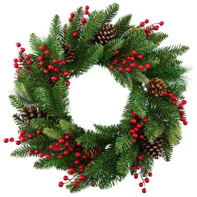 24" Holiday Front Door Wreath – ArChristmas Pine Wreath with Red Berries & Pine Conestificial 