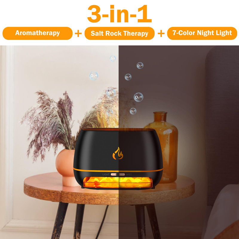 3-in-1 Himalayan Salt Rock Diffuser, Ultrasonic Essential Oil, Simulation Flame, 7 Colour Changing, 200ml Black Aroma Diffuser