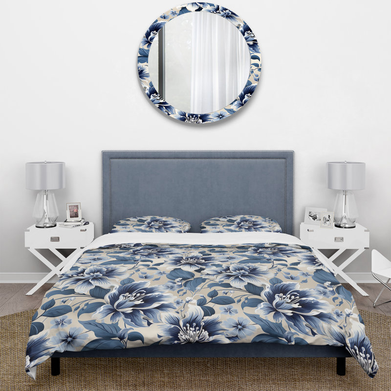 Blue Sea Flower Damask Serenity - Ensemble de housse de couette damassé, Housse de couette pour très grand lit et 2 très