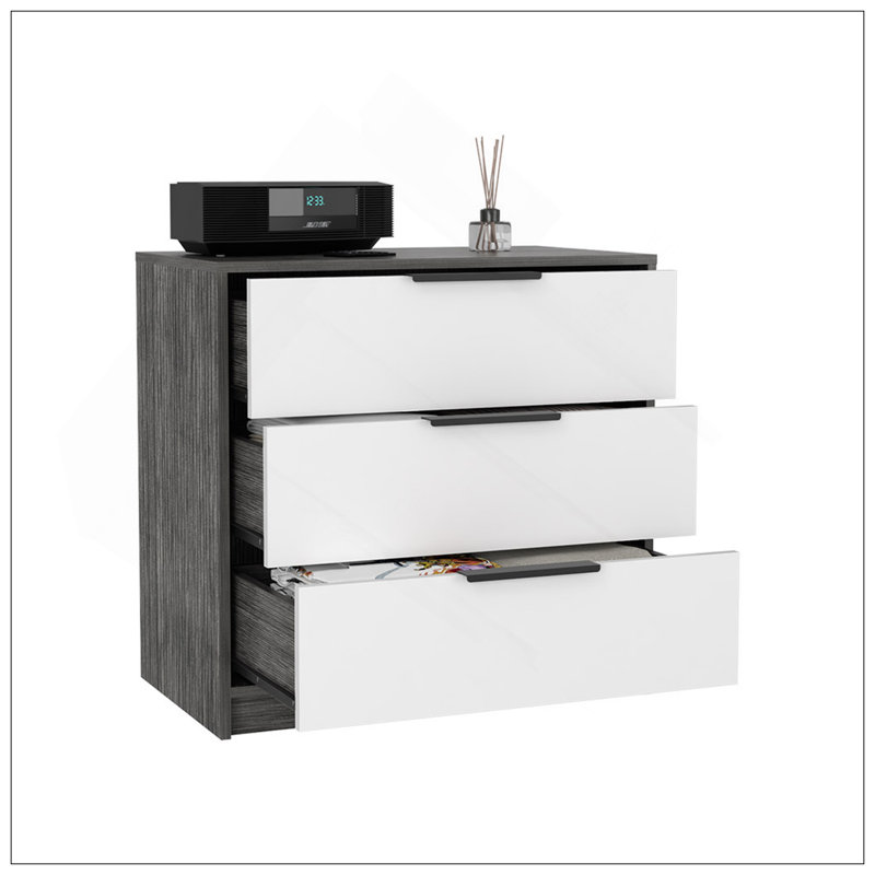 Commode 3 tiroirs Kaia, plateau supérieur, Blanc/Noir