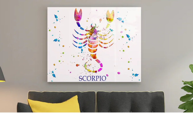 wall art with rainbow "scorpio" text and scorpion symbol