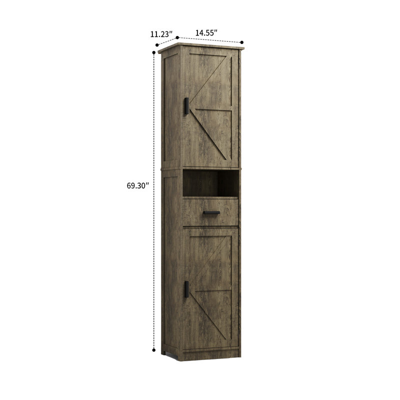 Armoire de rangement étroite de style ferme avec portes et tiroir pour salle de bain, cuisine ou entrée, Gris