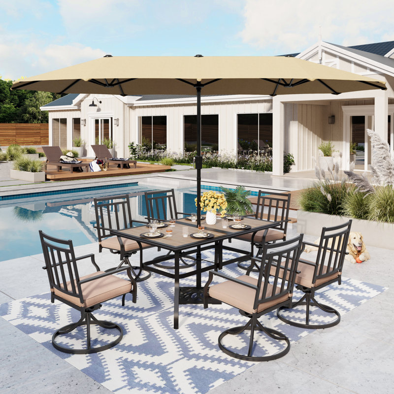 Ensemble de salle à manger de patio rectangulaire en métal pour 6 personnes avec parasol et coussins Alyah