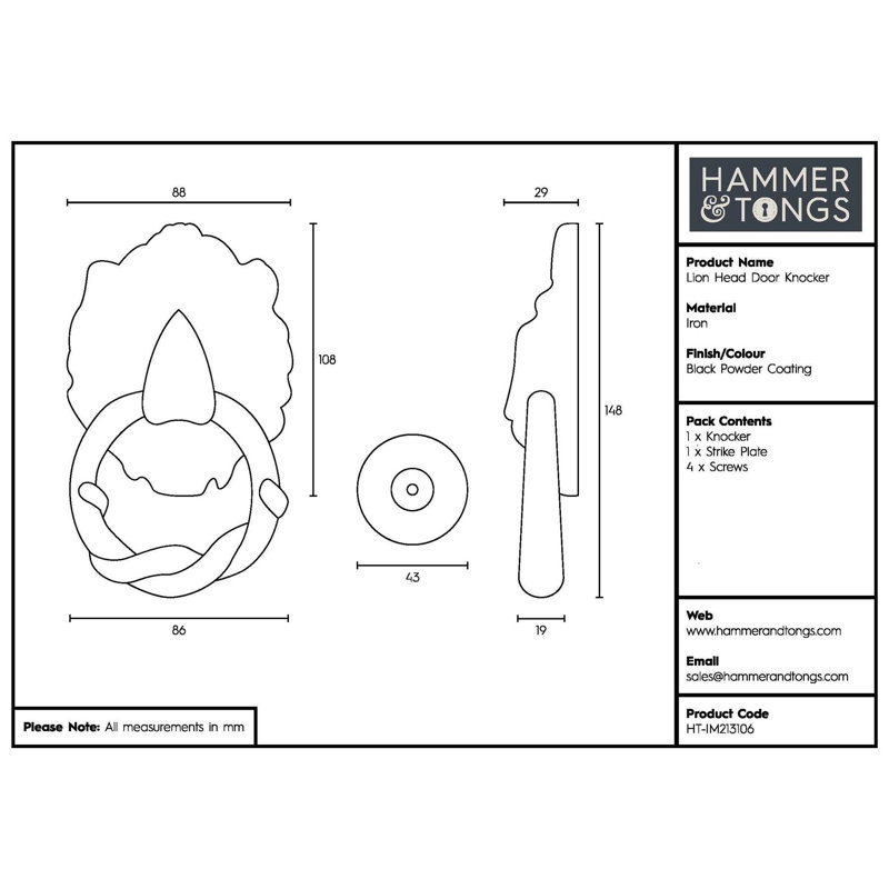 Hammer & Tongs - Lion Head Door Knocker - H150mm - Black