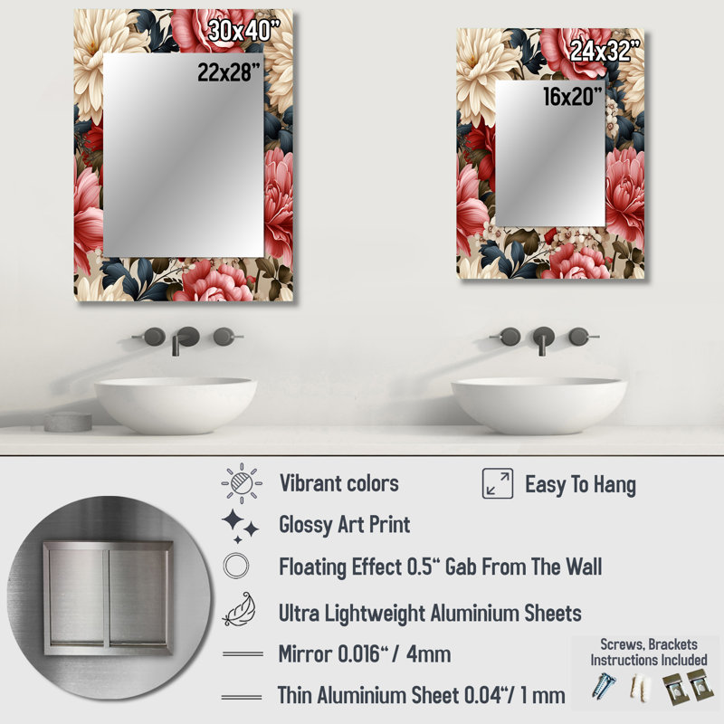 Sumar Beige Vintage Charm Floral Pattern - Floral Decorative Mirror, Cottage Wall Mirror, Printed Metal Art, 40" x 30"